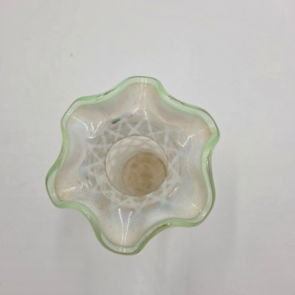 Fenton Handpainted Glass Vase Floral Ruffled Green Rim Collectible - Picture 4 of 5